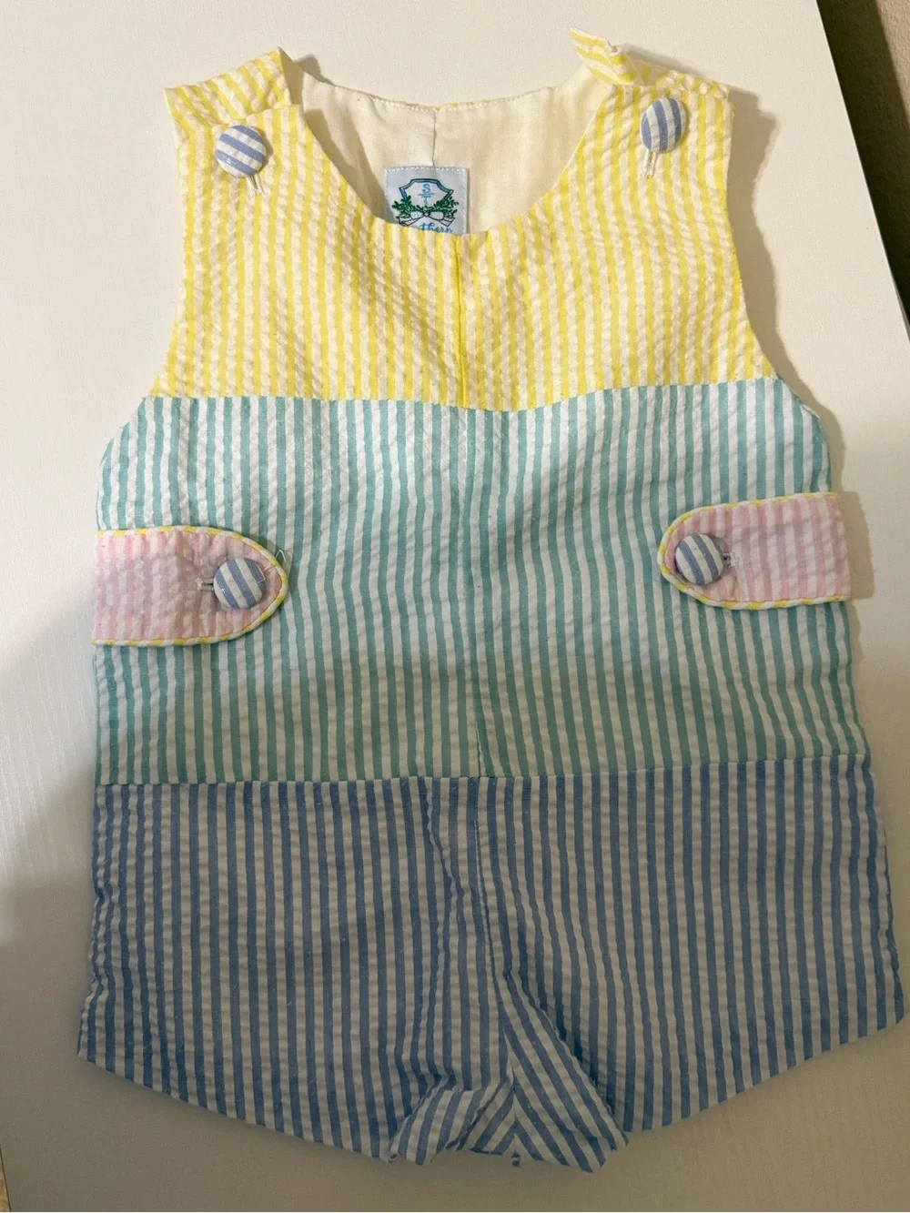 Seersucker Striped Pastel Romper - Yellow, Mint & Blue